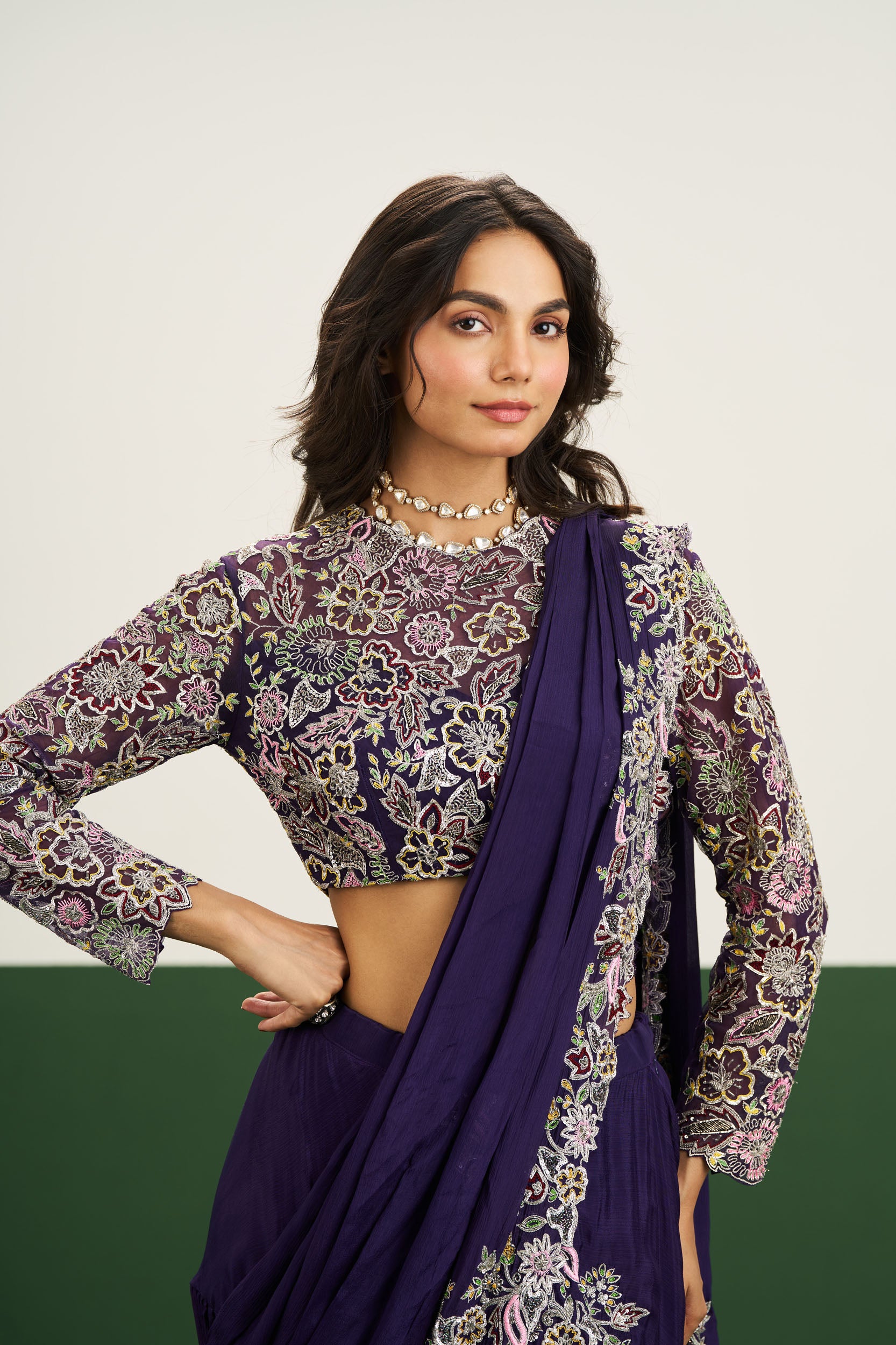 Taylor drape Saree Set - Purple
