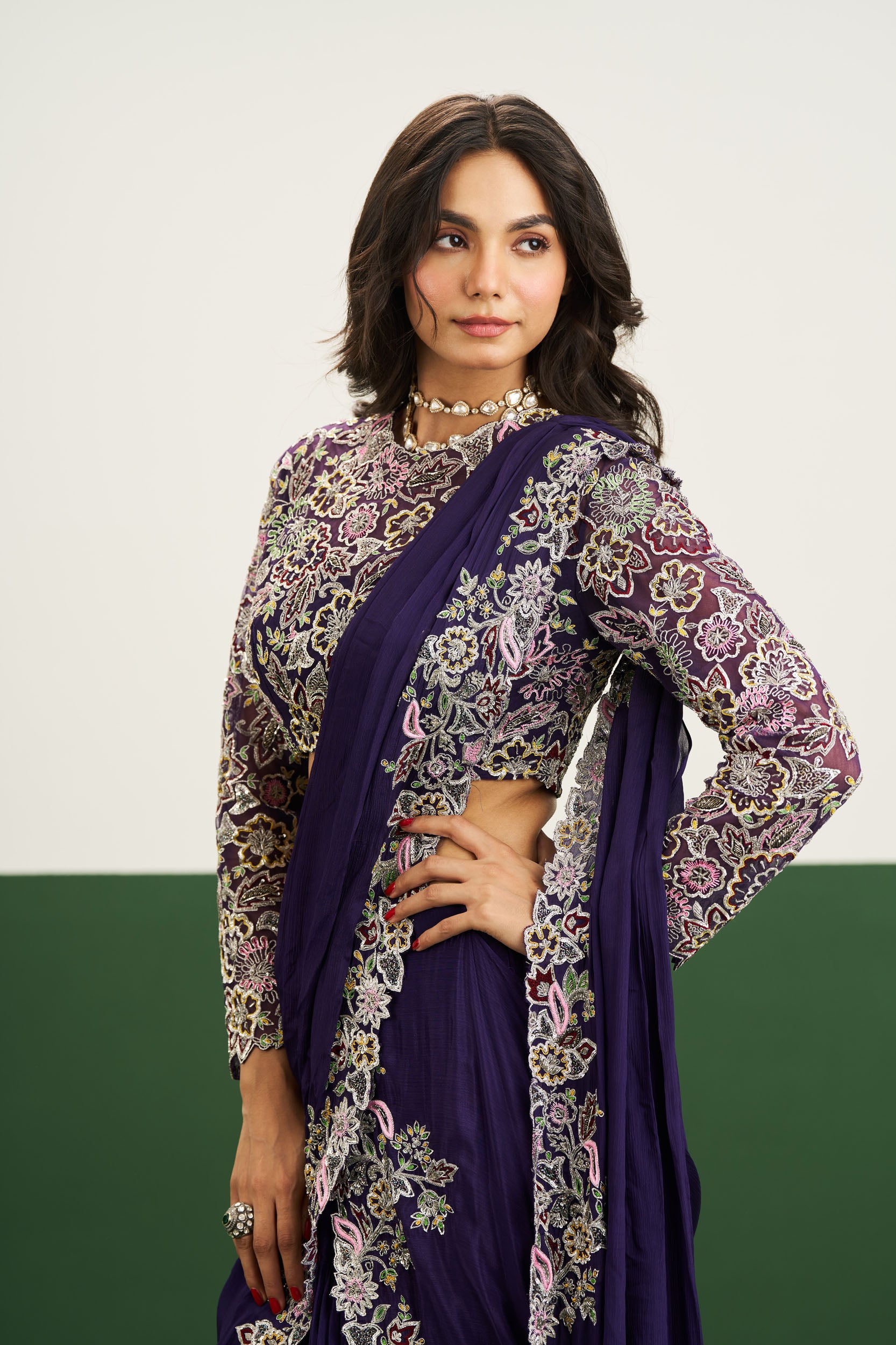 Taylor drape Saree Set - Purple