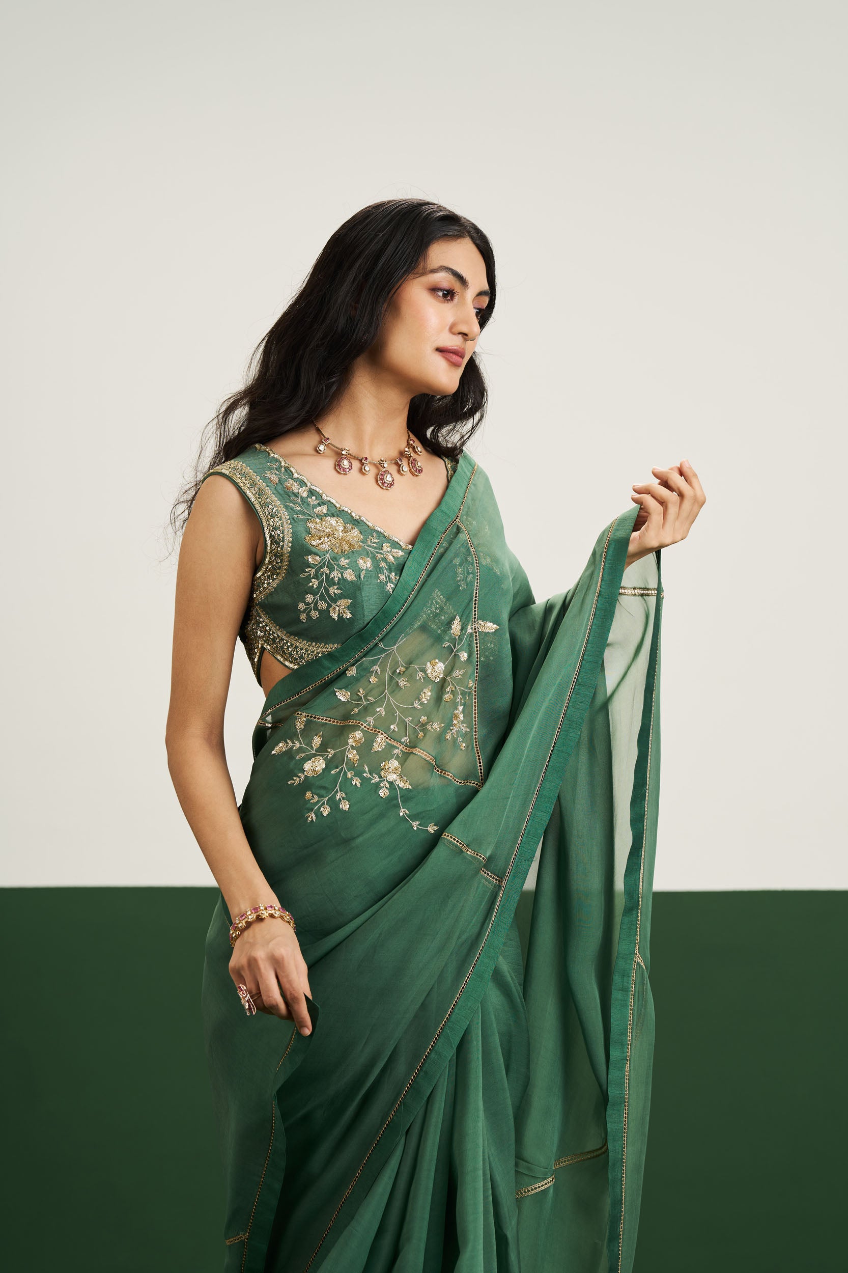Megan Saree Set - Pine Green