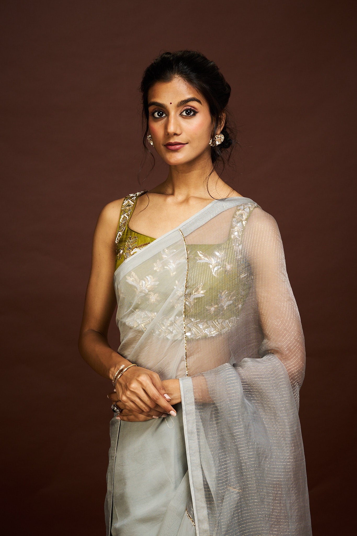 Adila saree set - Grey & Green