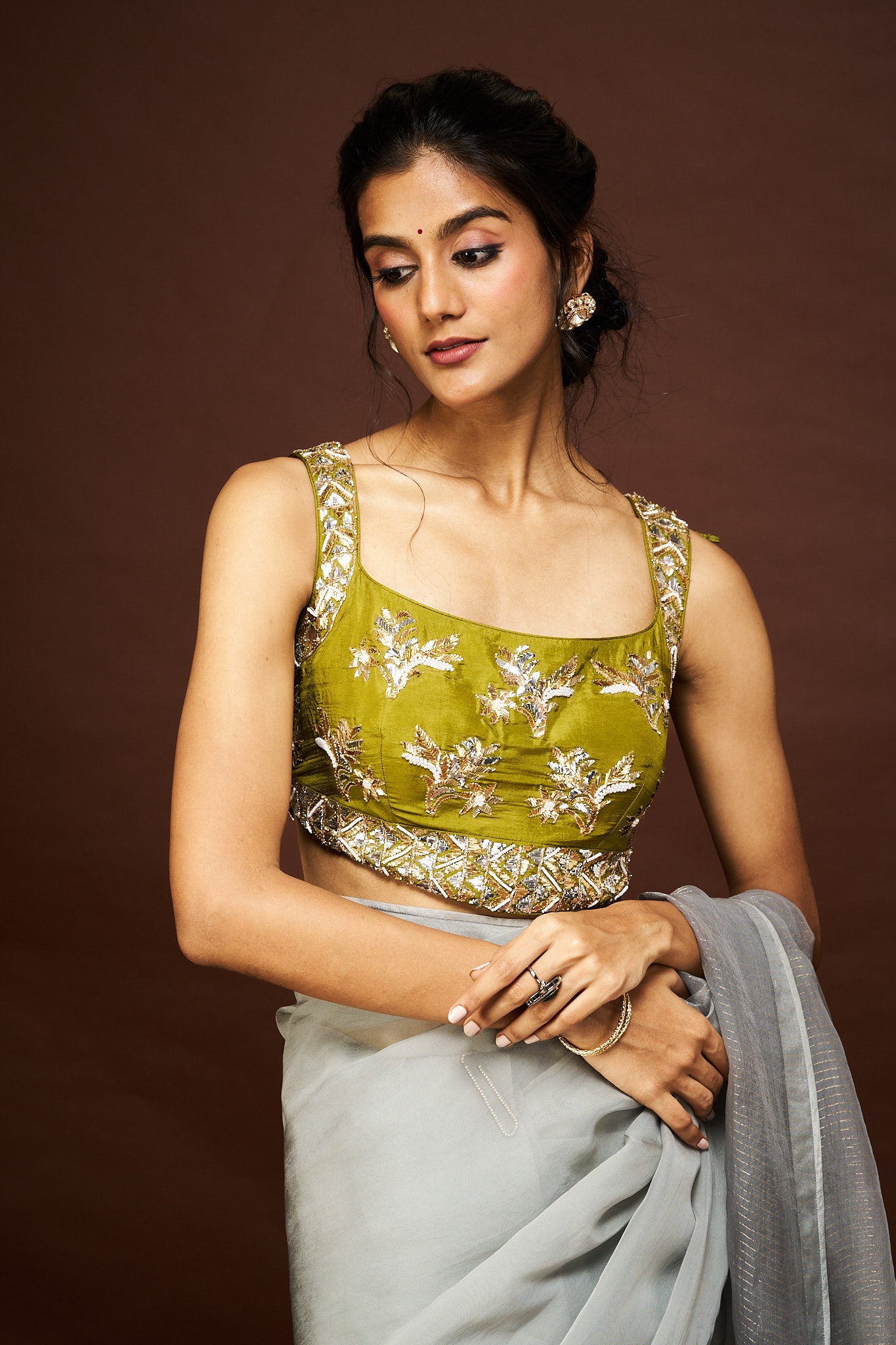 Adila saree set - Grey & Green