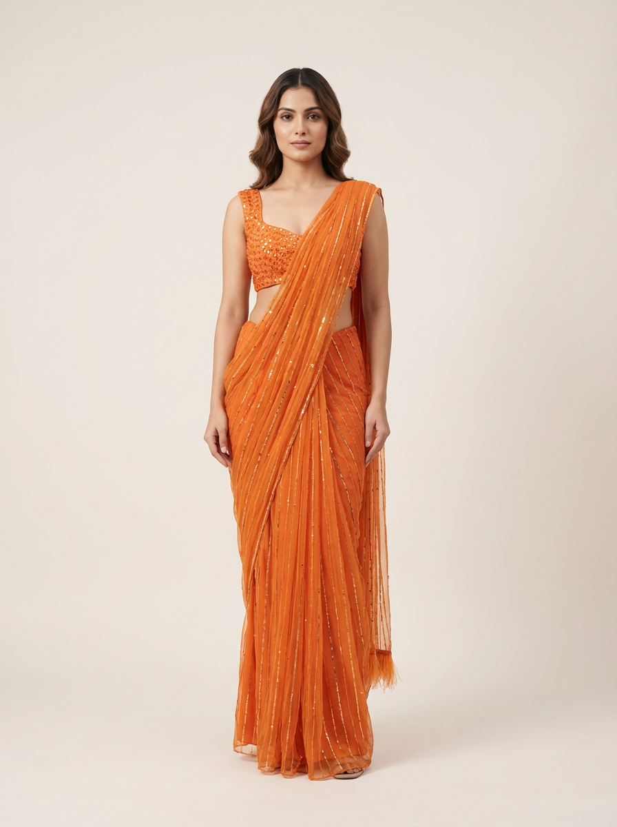 Vithi Net Drape Saree with Blouse- Persimmon Orange