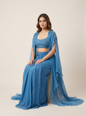 Zoha Drape Skirt Set with Rufflecape - Sapphire Blue