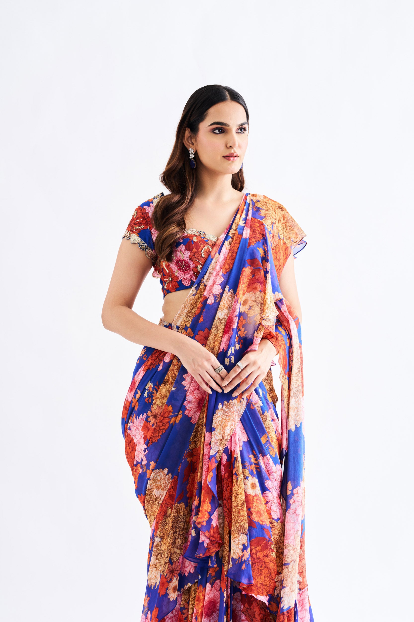 Ink Blue Floral Drape Saree