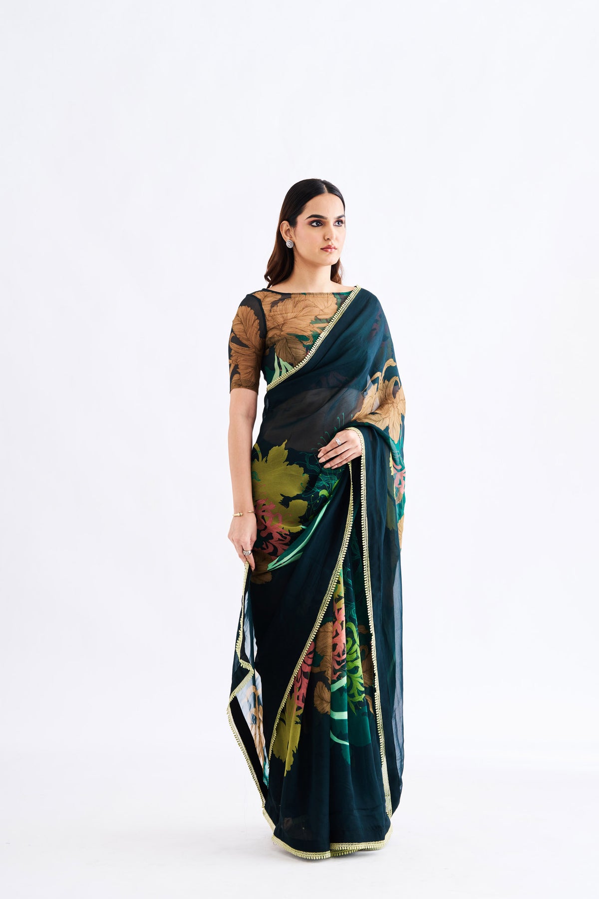 Green Floral Saree With Blouse