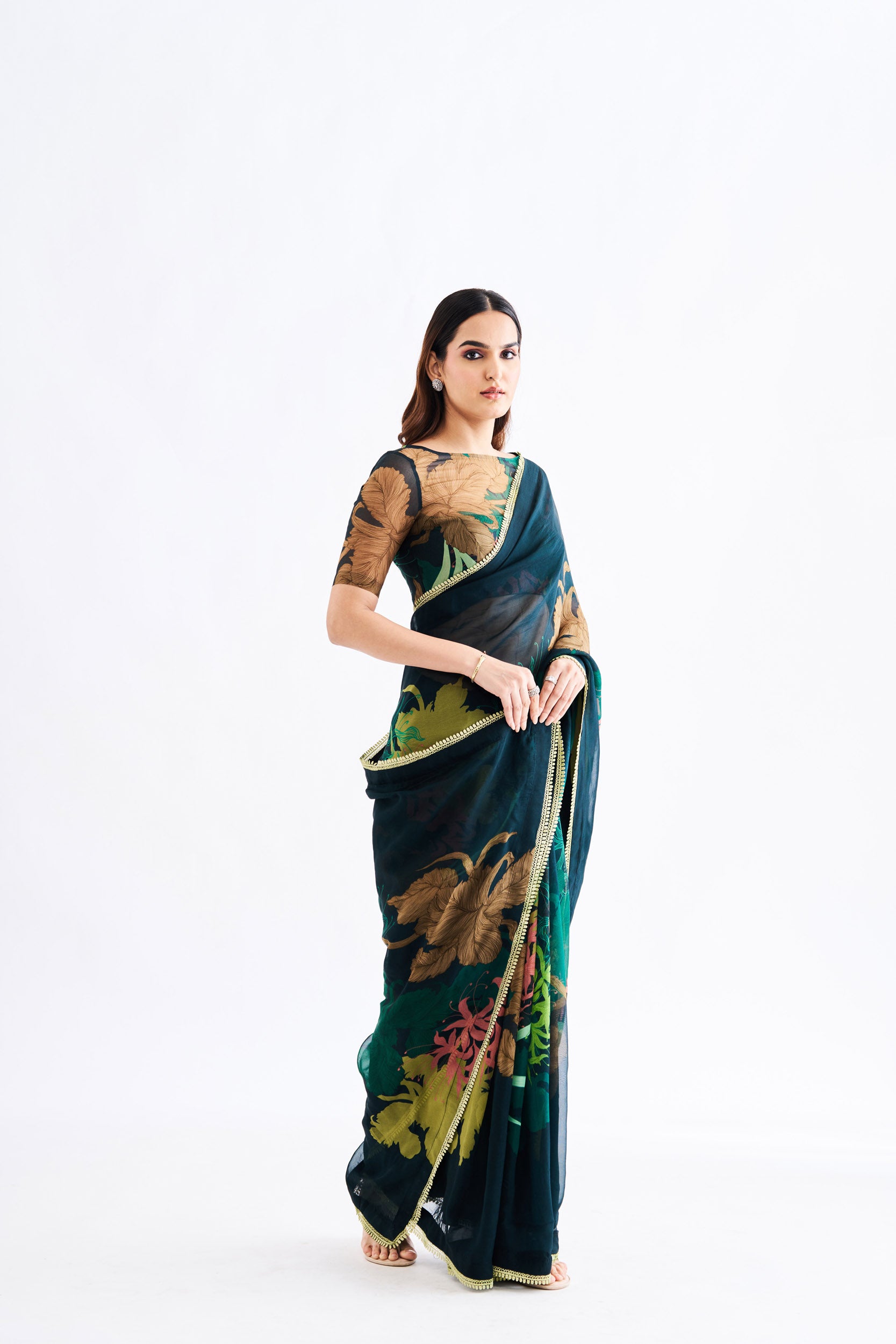 Green Floral Saree With Blouse