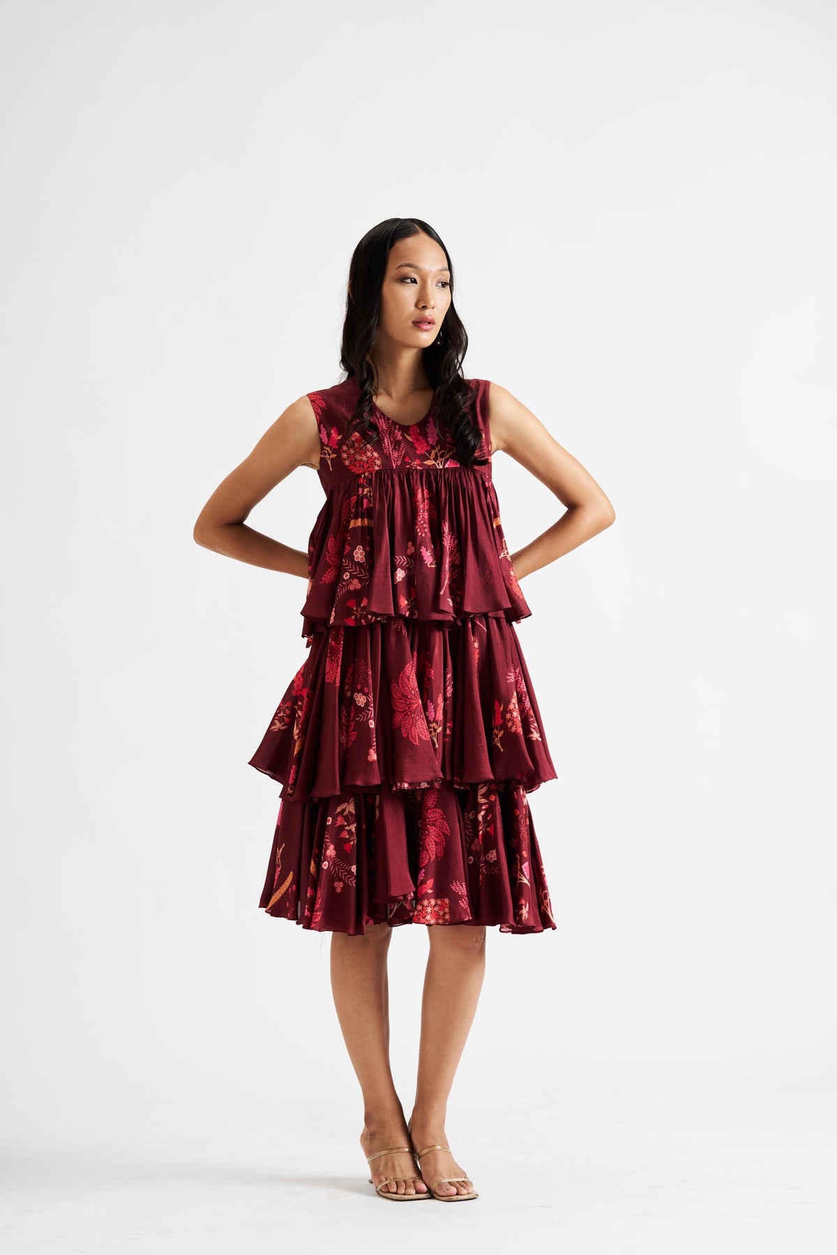 Trinana-Maroon 3-Tier Dress