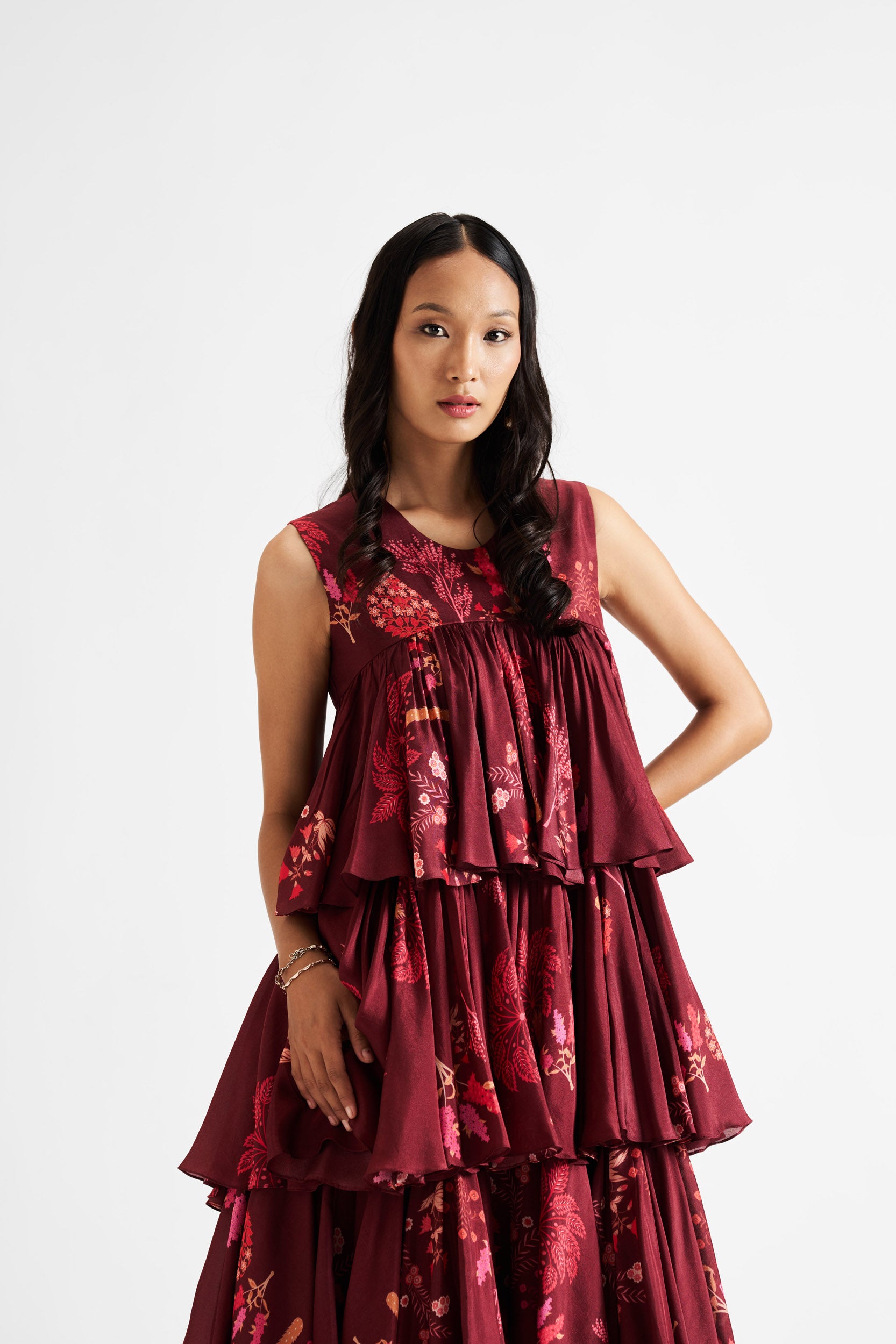 Trinana-Maroon 3-Tier Dress