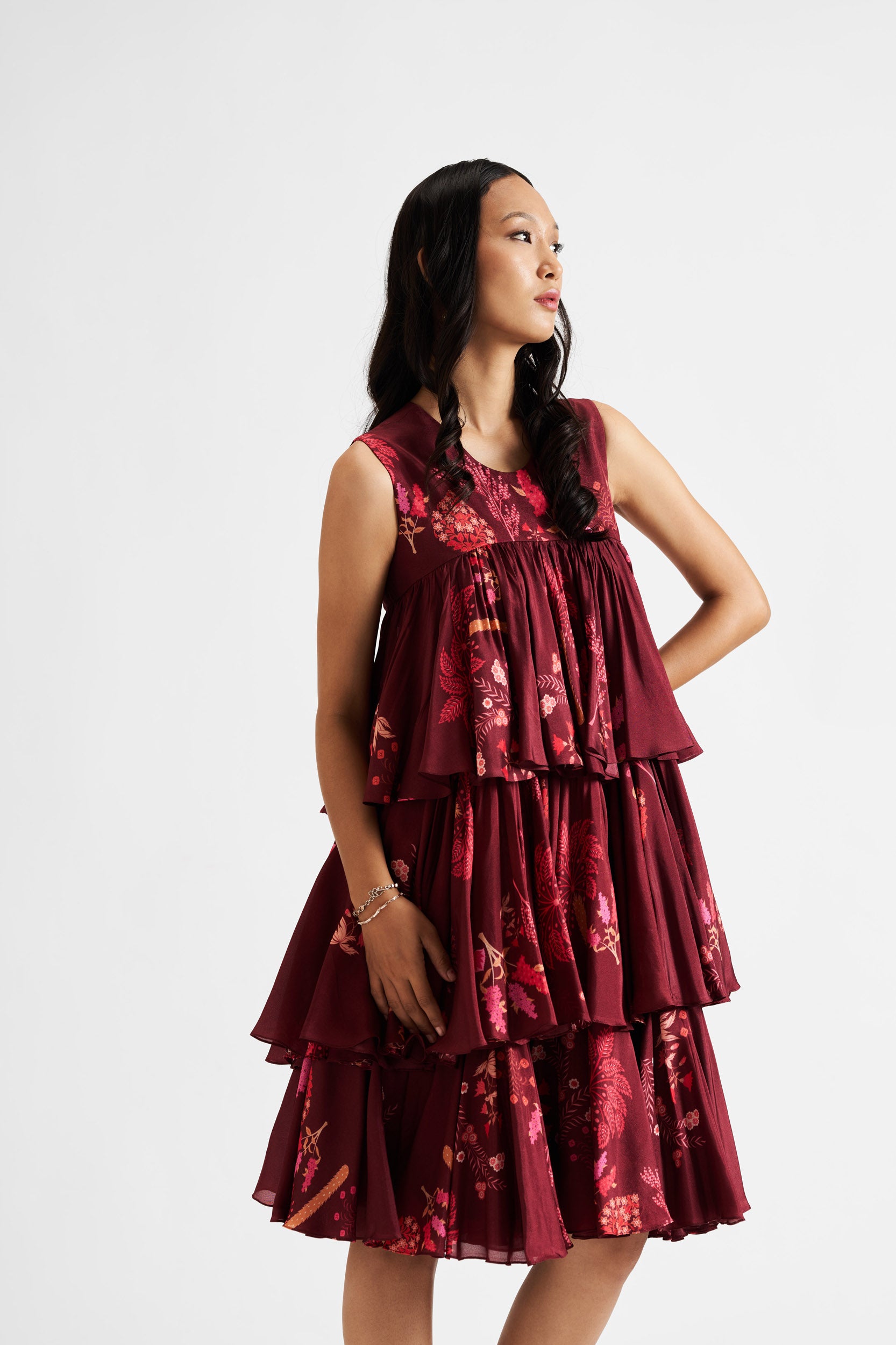 Trinana-Maroon 3-Tier Dress