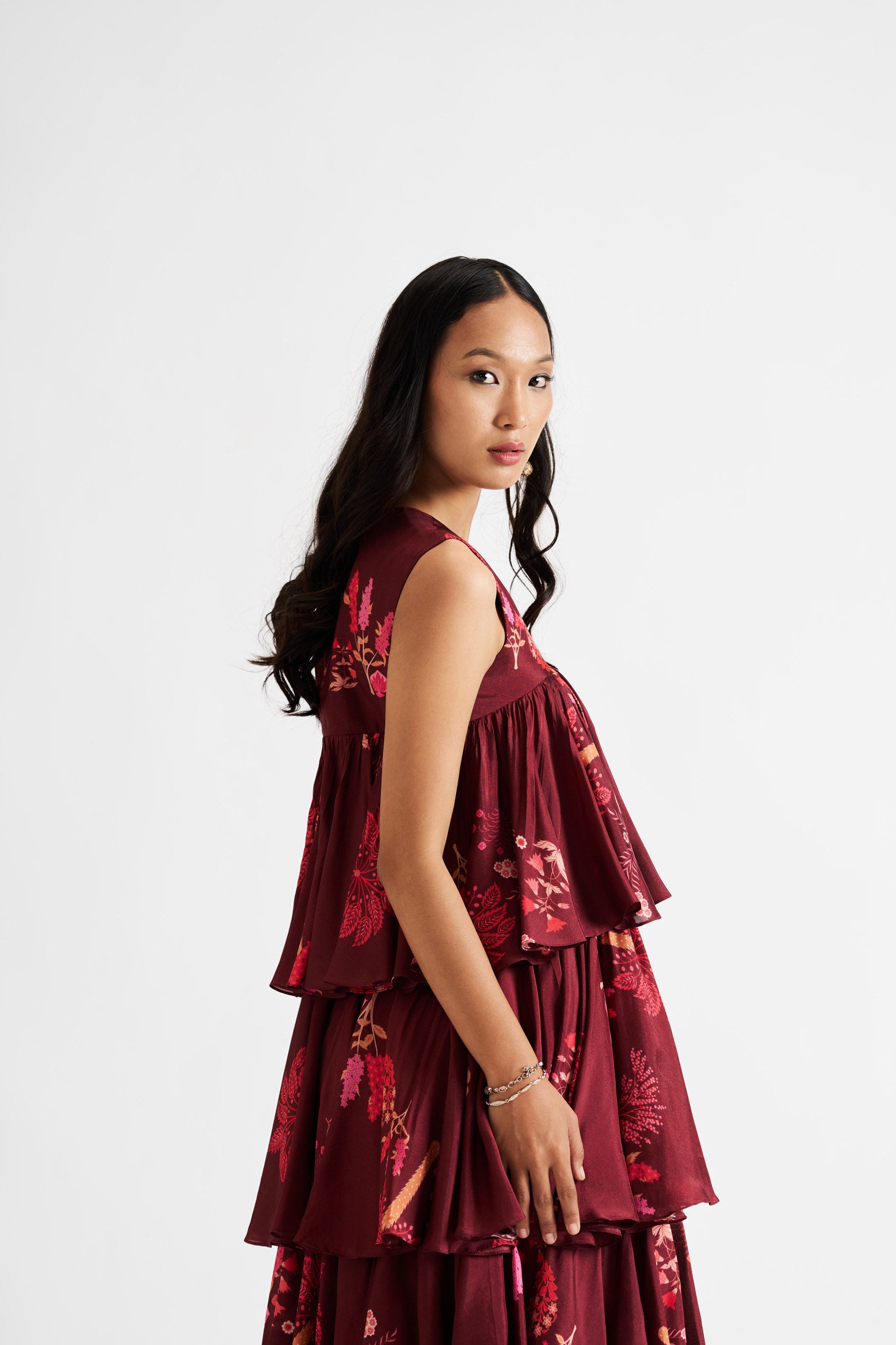 Trinana-Maroon 3-Tier Dress