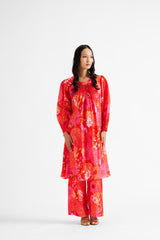 Red Knife-Pleated Floral Kurta