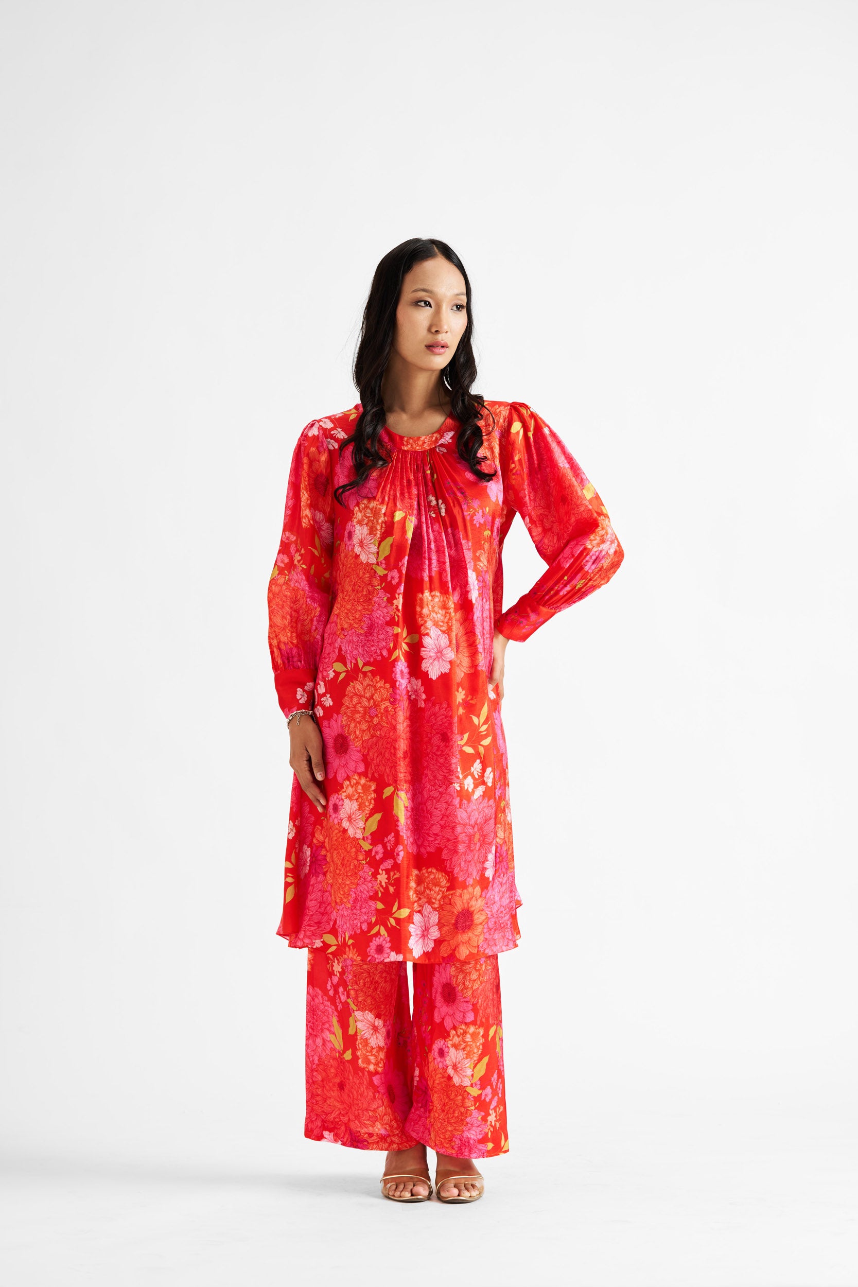 Red Knife-Pleated Floral Kurta