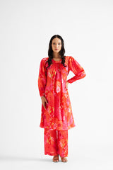 Red Knife-Pleated Floral Kurta