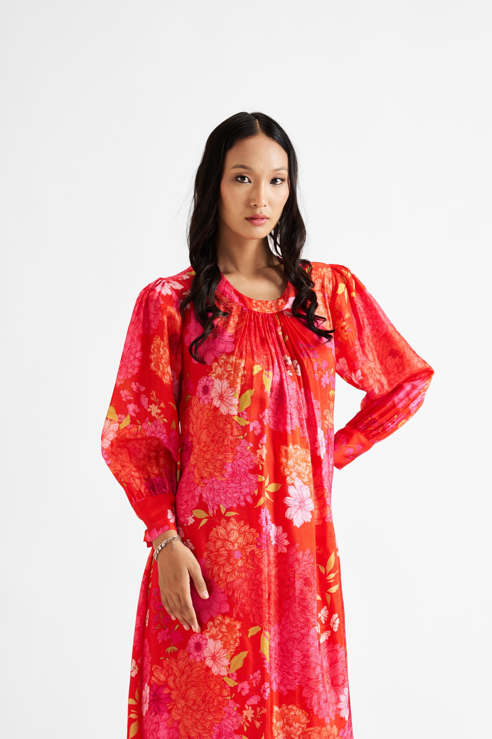 Red Knife-Pleated Floral Kurta