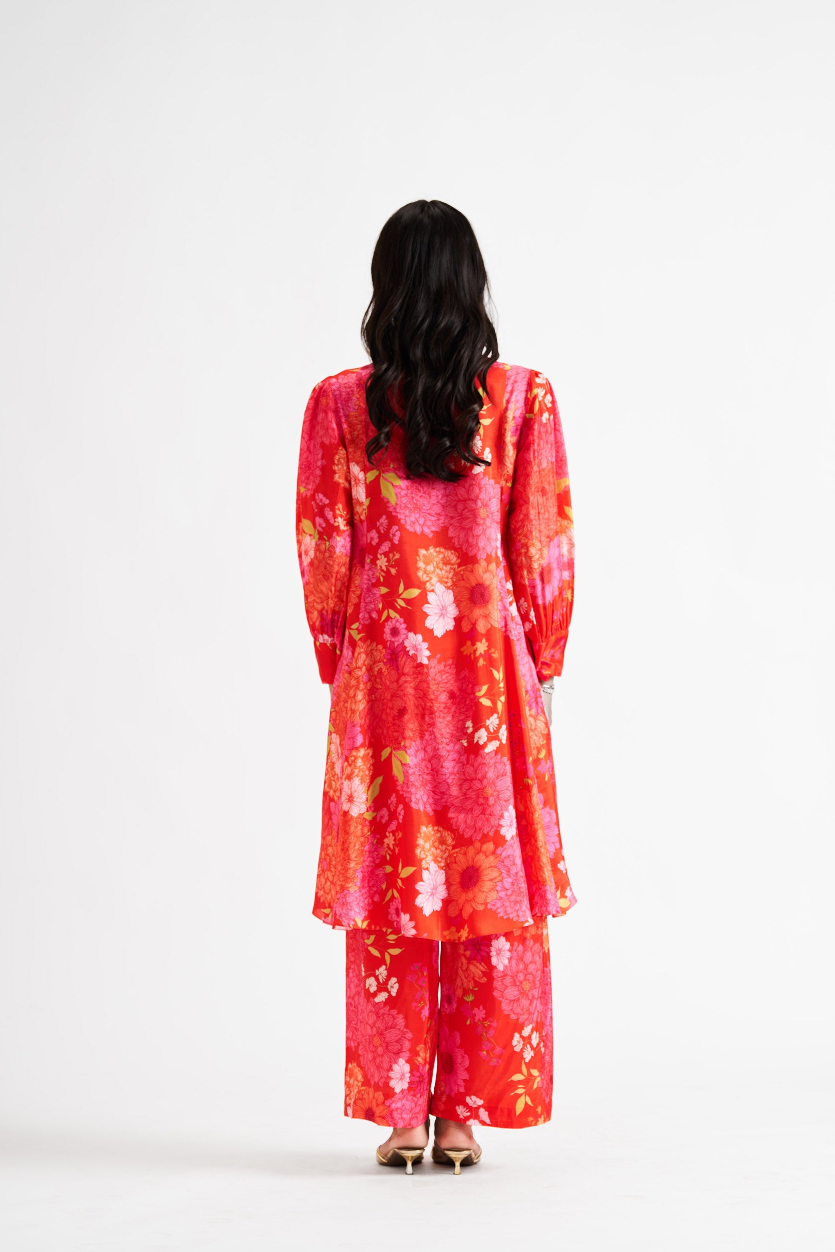 Red Knife-Pleated Floral Kurta