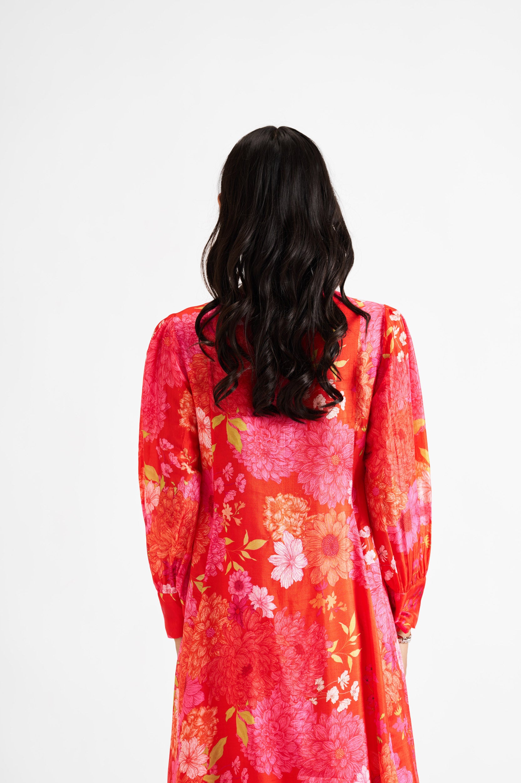 Red Knife-Pleated Floral Kurta