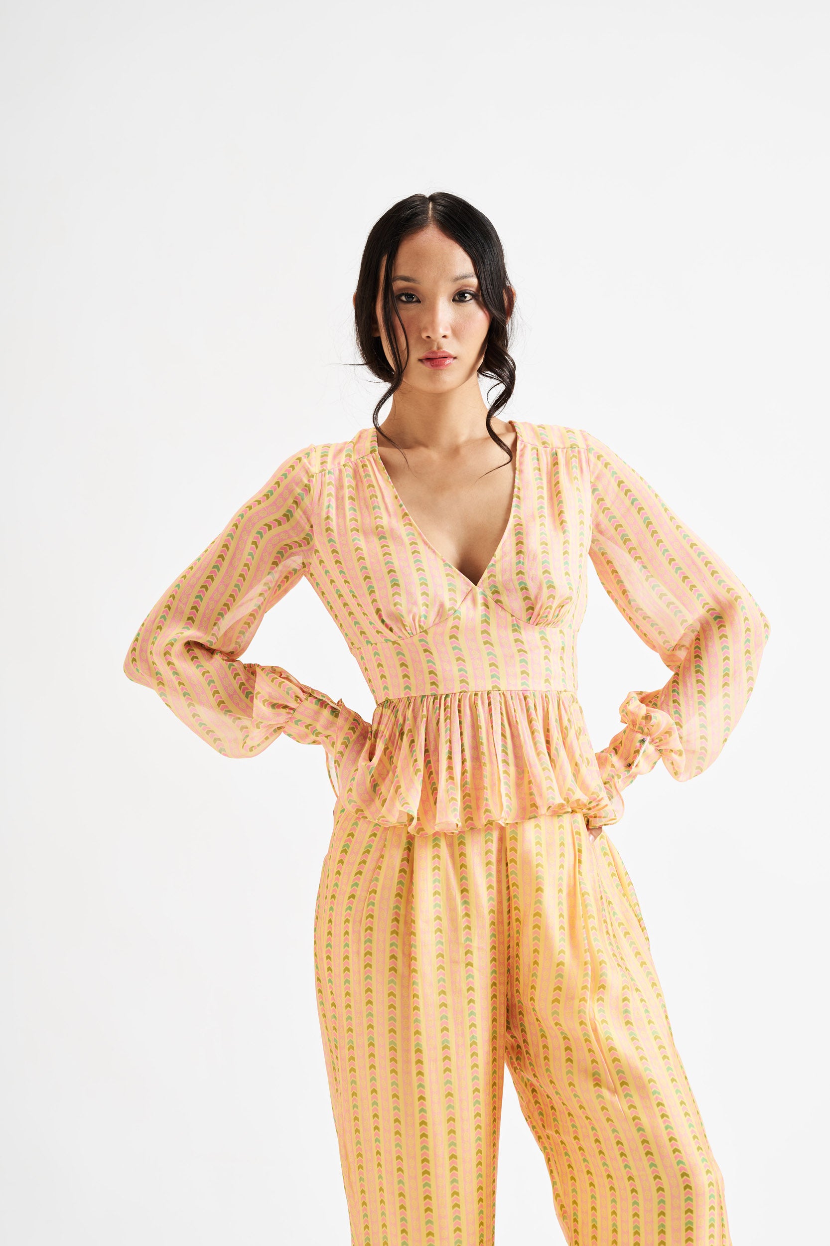 Analice-Yellow Lines Peplum Co-ord Set