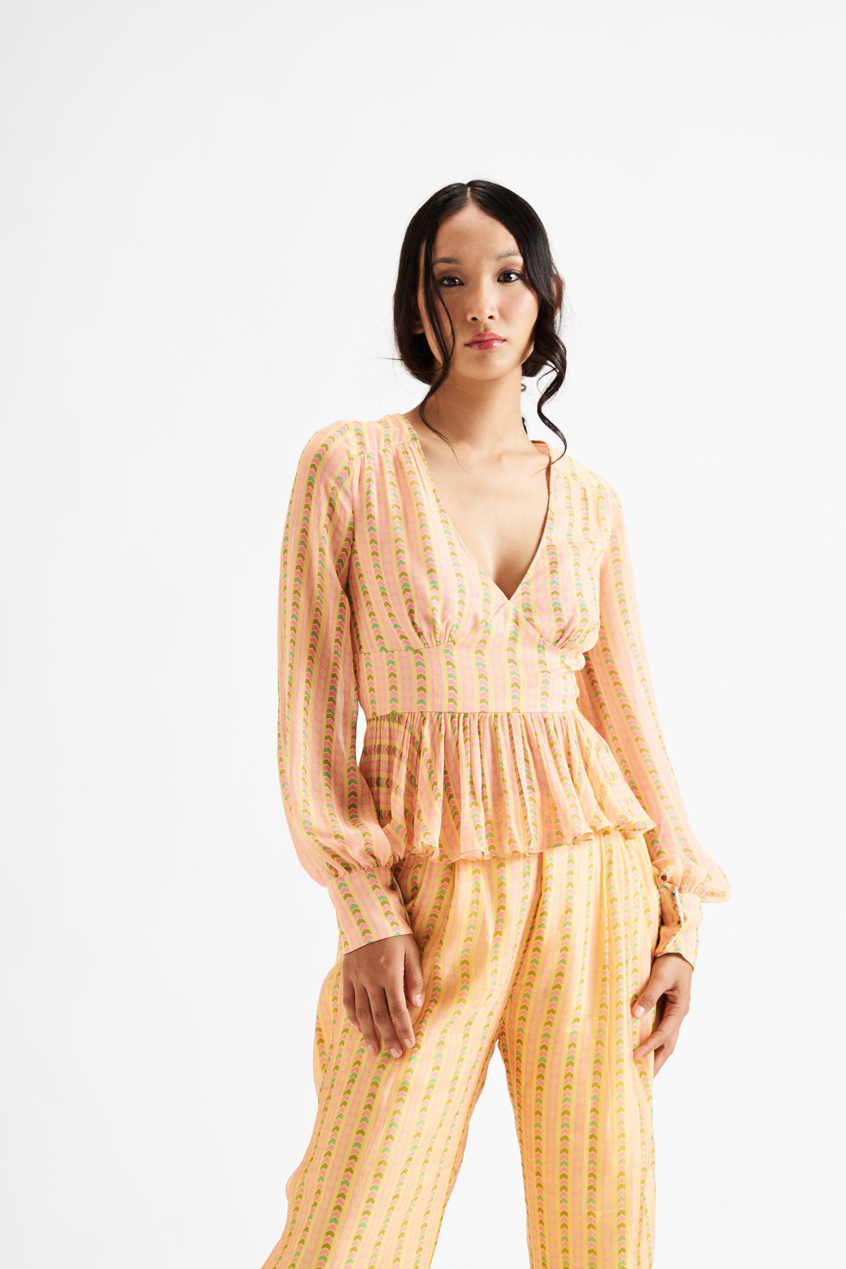 Analice-Yellow Lines Peplum Co-ord Set