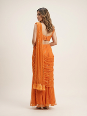 Vithi Net Drape Saree with Blouse- Persimmon Orange