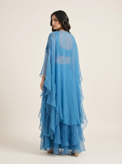 Zoha Drape Skirt Set with Rufflecape - Sapphire Blue