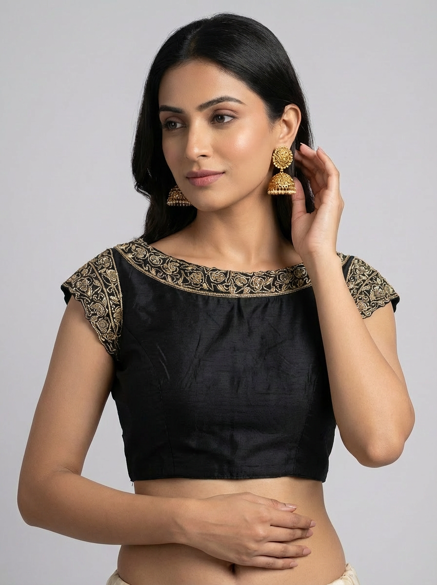 Black Hand Embroidered High Neck Blouse