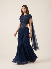 Blue Cocktail Drape Saree with Blouse
