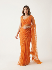 Vithi Net Drape Saree with Blouse- Persimmon Orange