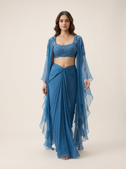 Zoha Drape Skirt Set with Rufflecape - Sapphire Blue