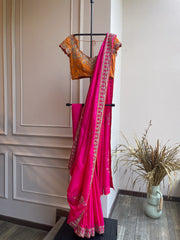 Ajantha Pink Embroidered Saree and Blouse Set