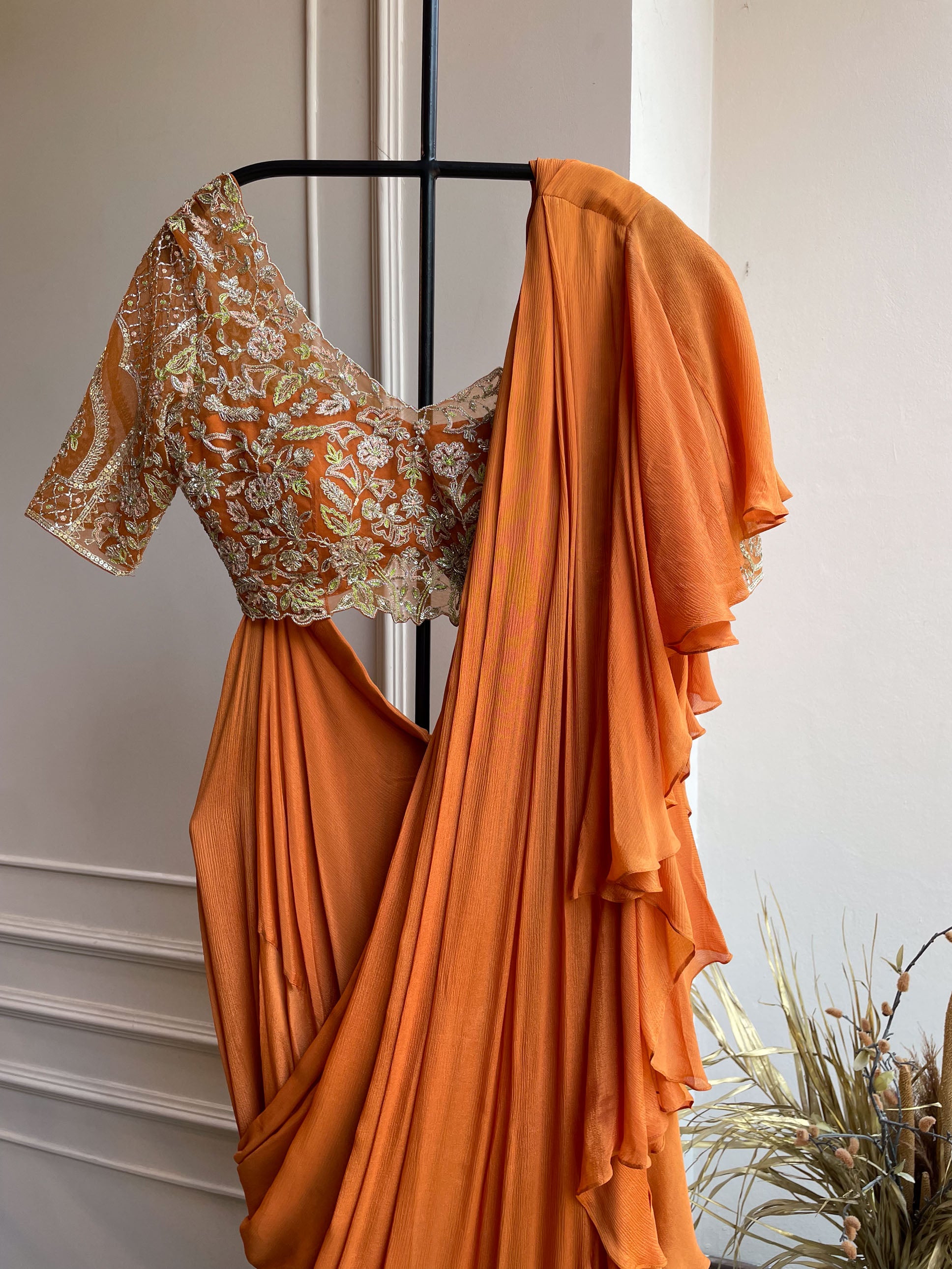 Burnt Orange Drape Saree