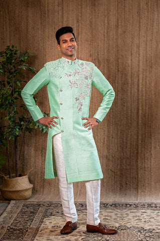 DS -  Light Green raw silk embroidered Sherwani set