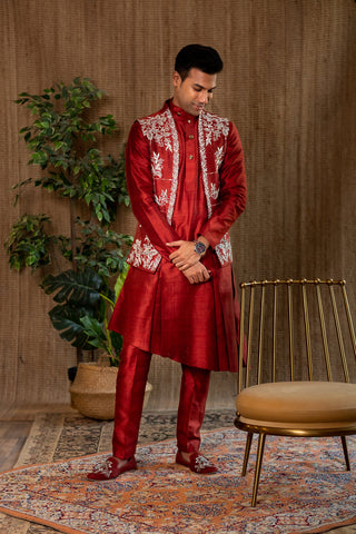 DS - Rust raw silk sherwani set with embroidered jacket