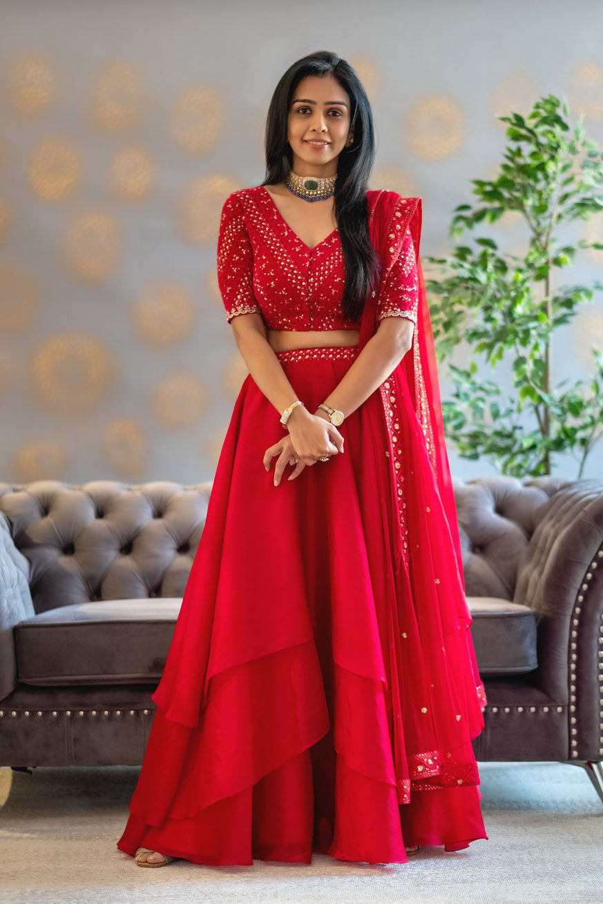 DS -  Red Chikankarri croptop with organza layered skirt and dupatta with chikankari detailed border