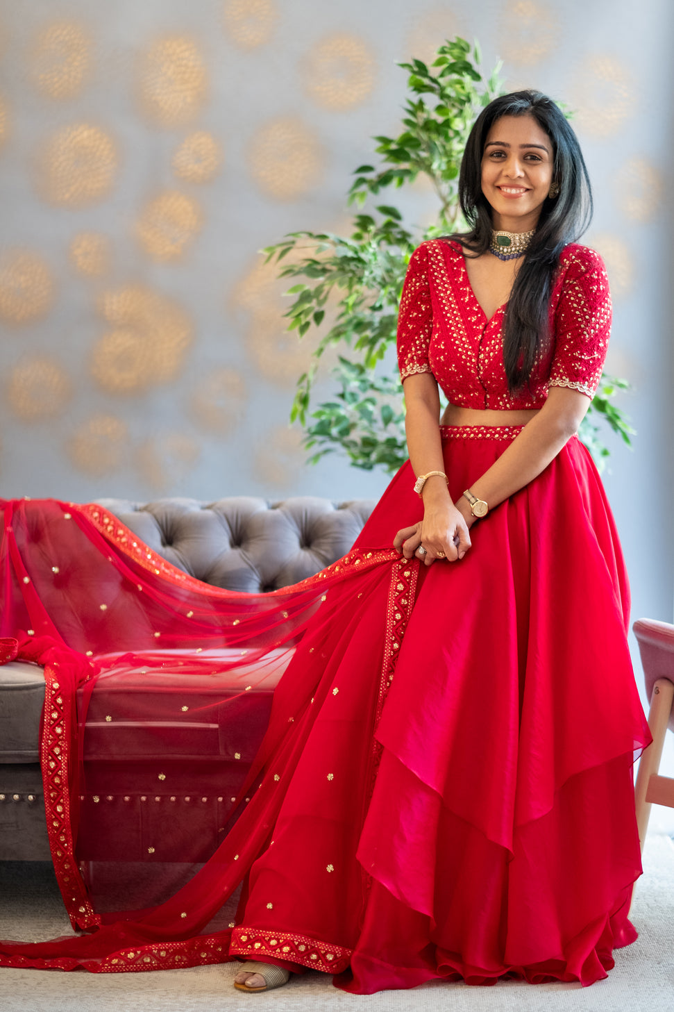 DS -  Red Chikankarri croptop with organza layered skirt and dupatta with chikankari detailed border