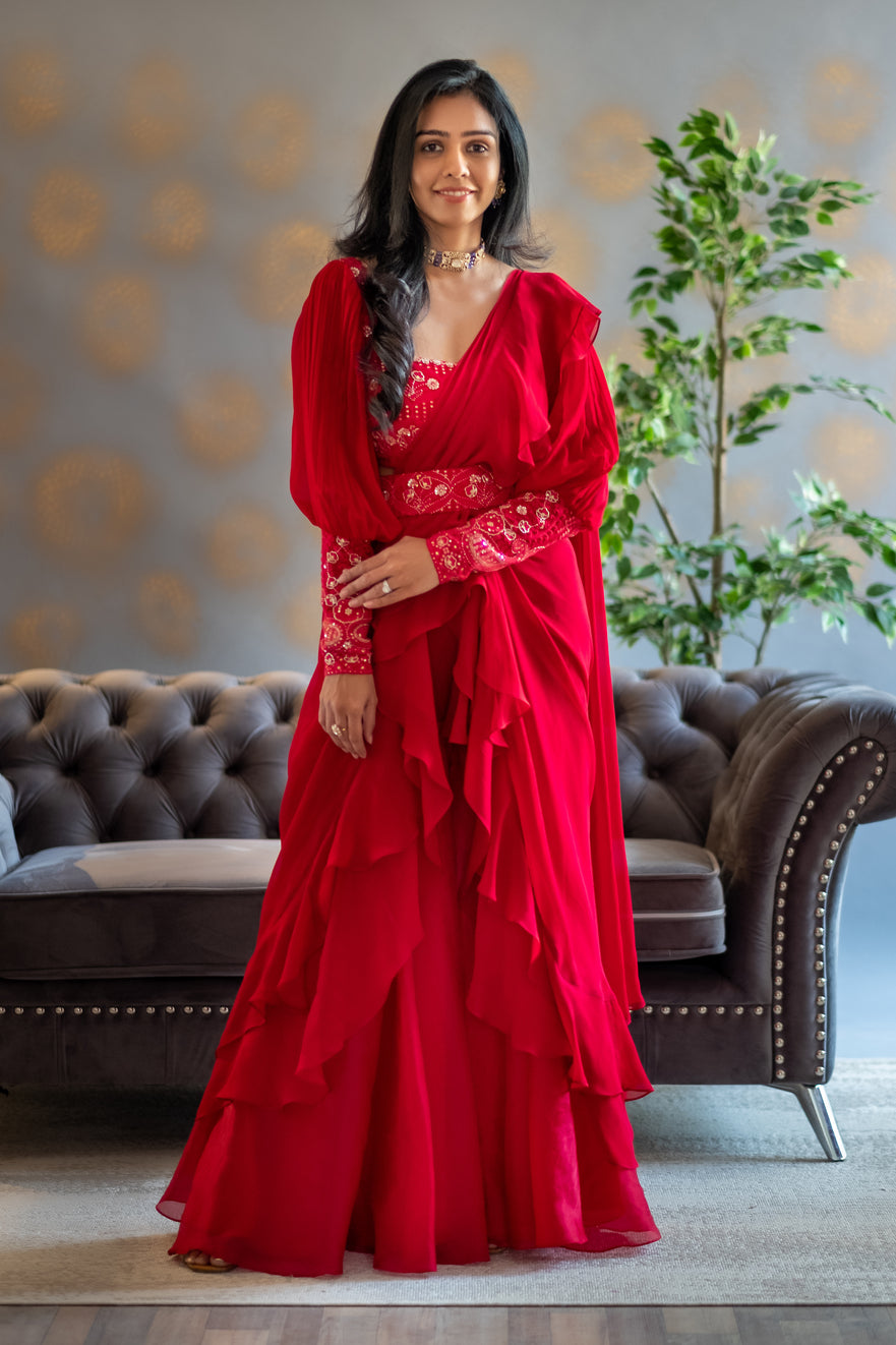 DS - Red Chikankari blouse with georgette layered saree