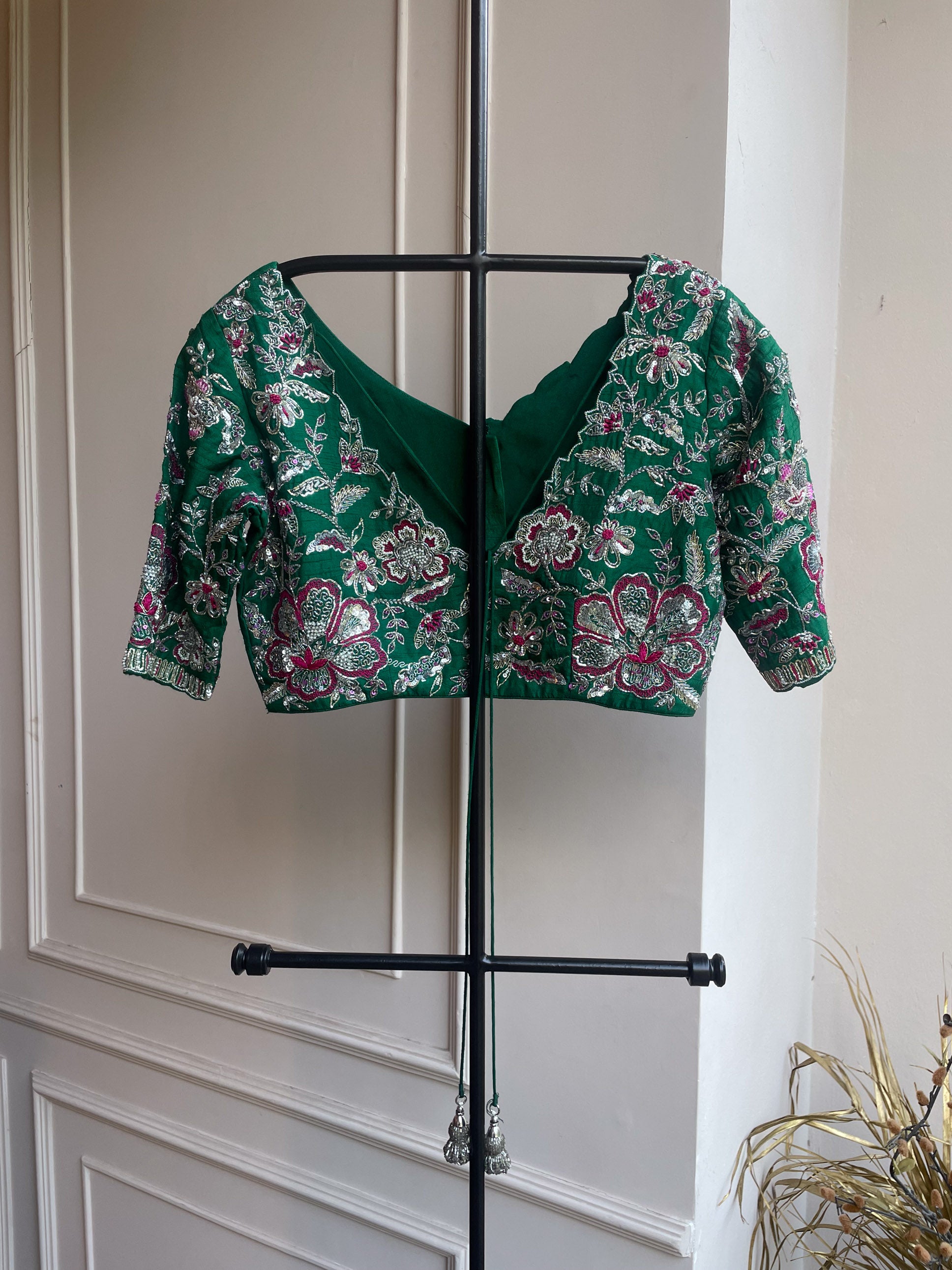 Dark Green Raw Silk Embroidered Blouse