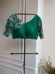 Dark Green Raw Silk Embroidered Blouse