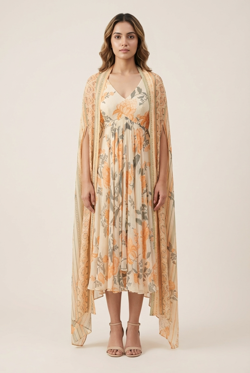 Yoemi Dress with Cape- Cream