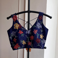 Indigo Applique Embroidered  Floral Blouse