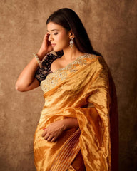 Ishara printed tissue saree with blouse - Orange | Hebah Patel