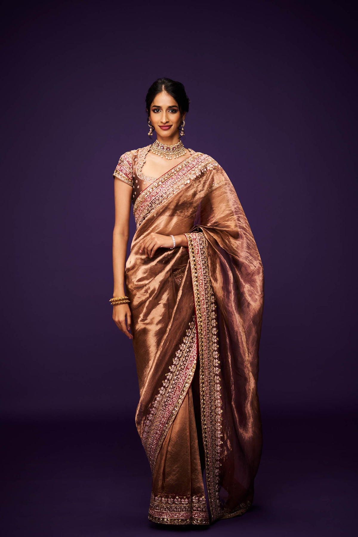 Sadana Copper Tissue Embroidery Only Saree