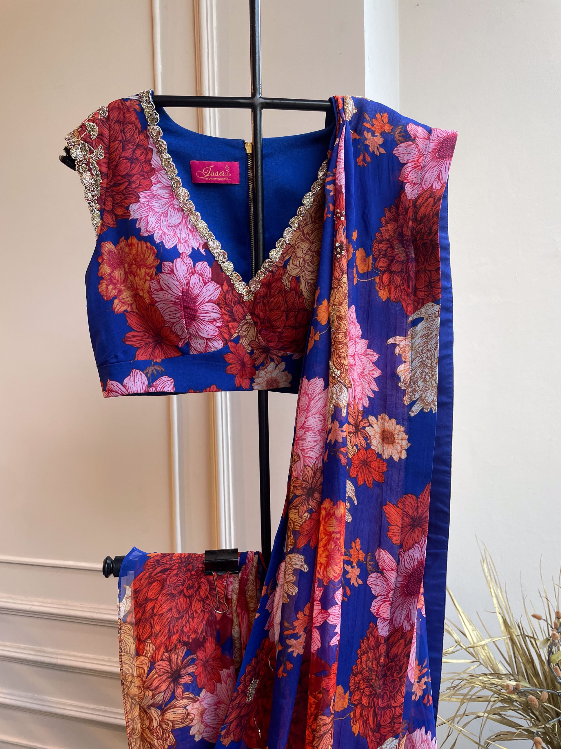 Ink Blue Floral Saree with Blouse