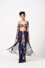 Jugni Drape Skirt Set With Cape- Navy Blue