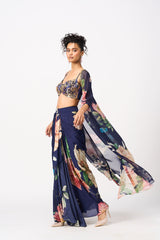 Jugni Drape Skirt Set With Cape- Navy Blue