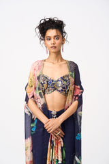 Jugni Drape Skirt Set With Cape- Navy Blue
