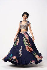 Sahika Lehenga Set With Dupatta - Navy Blue