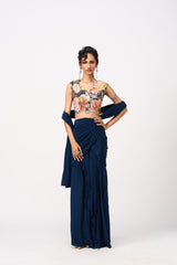 Nalani Drape Saree Set- Navy Blue