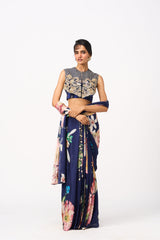 Naveli Drape Saree Set With Cape- Navy Blue