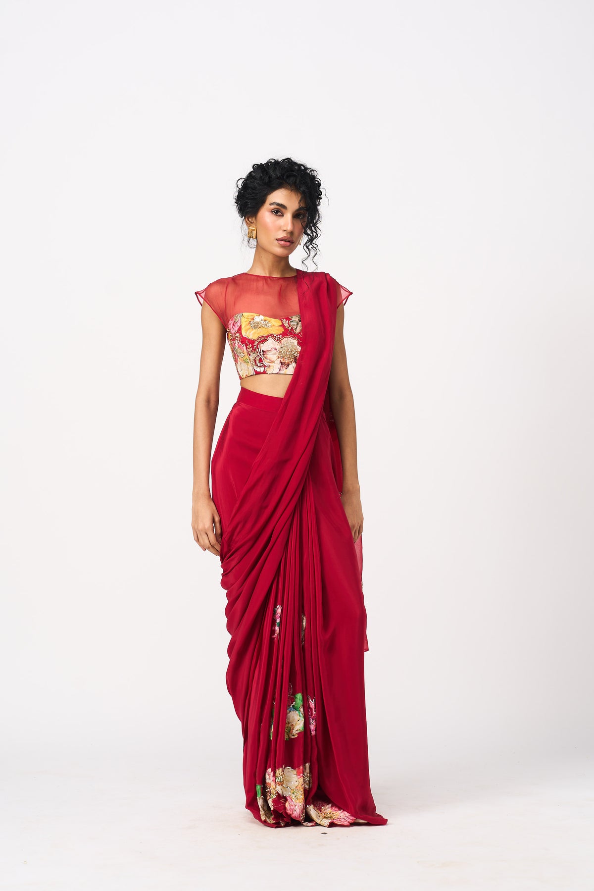 Vinona Drape Saree Set- Red