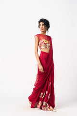 Vinona Drape Saree Set- Red